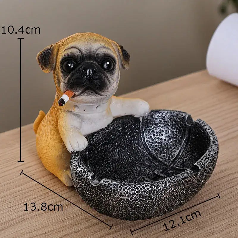 A resin basketball puppy ashtray featuring a tan and black pug figurine with an orange cigarette for living room decorbites decor