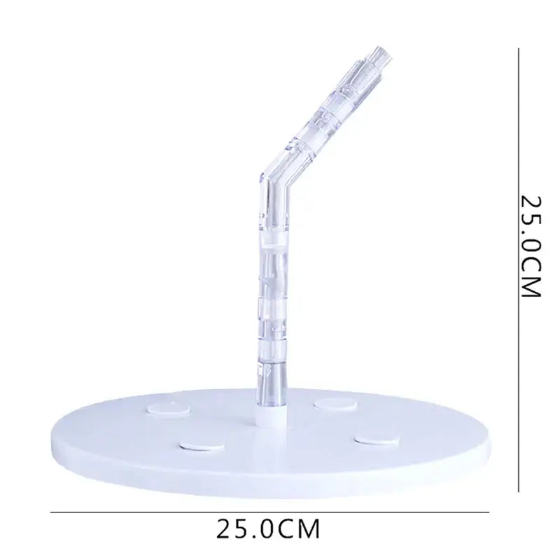 Clear plastic cake stand support with curved segmented arm on white circular base for baking tool use