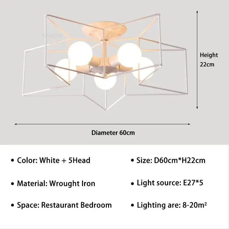 White geometric ceiling chandelier with five spherical bulbs crafted from wrought iron by decorbites creative star led