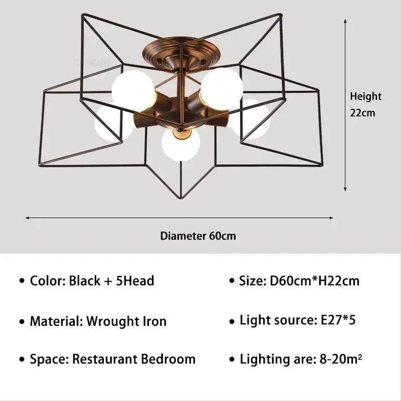 Black wrought iron creative star led ceiling chandelier with five frosted glass bulbs for living room decorbites creative star