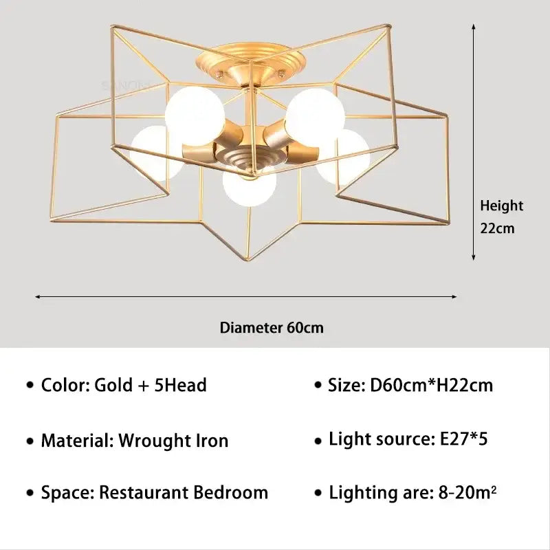 Gold-colored wrought iron creative star led ceiling chandelier with five spherical bulbs for living room decorbites creative star