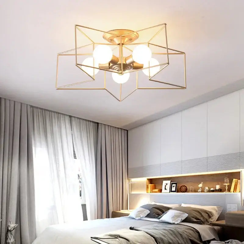 Gold-toned geometric star-shaped creative star led ceiling chandelier with five frosted glass globe bulbs for living room decorbites creative star
