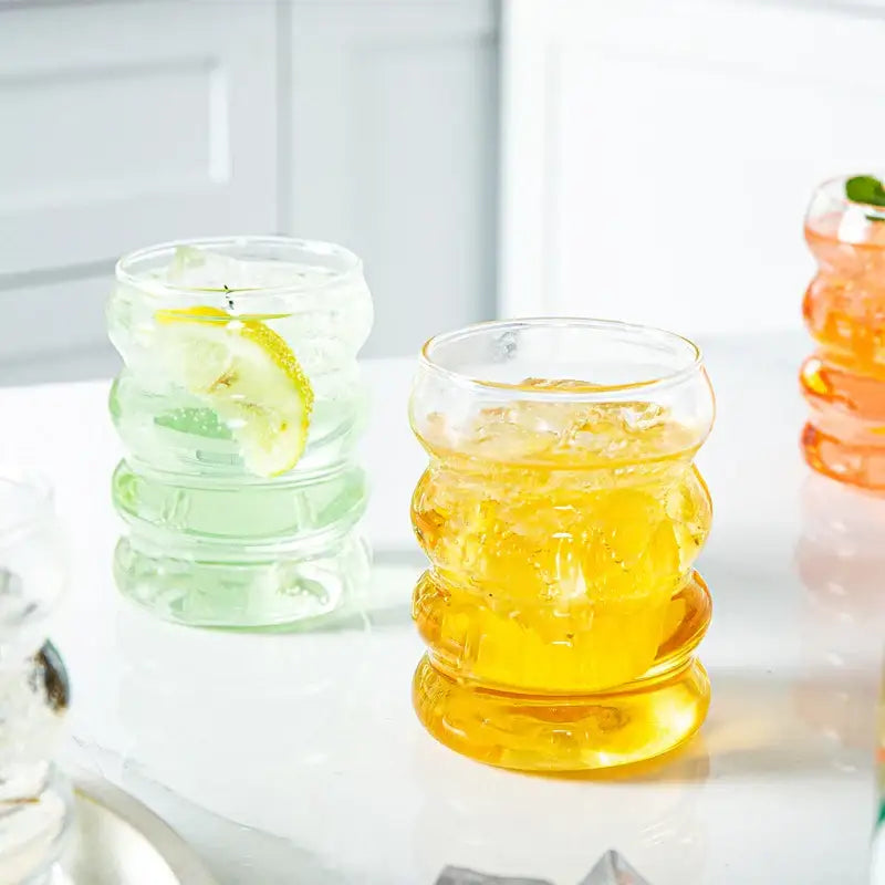 Clear textured glass tumblers with stacked rounded ridges and ice interiors from decorbites creative styling glass drinkware