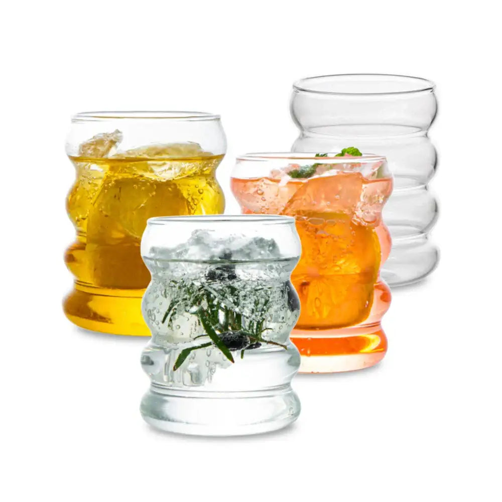 Clear ribbed glass tumblers with a modern segmented design from decorbites creative styling glass drinkware collection