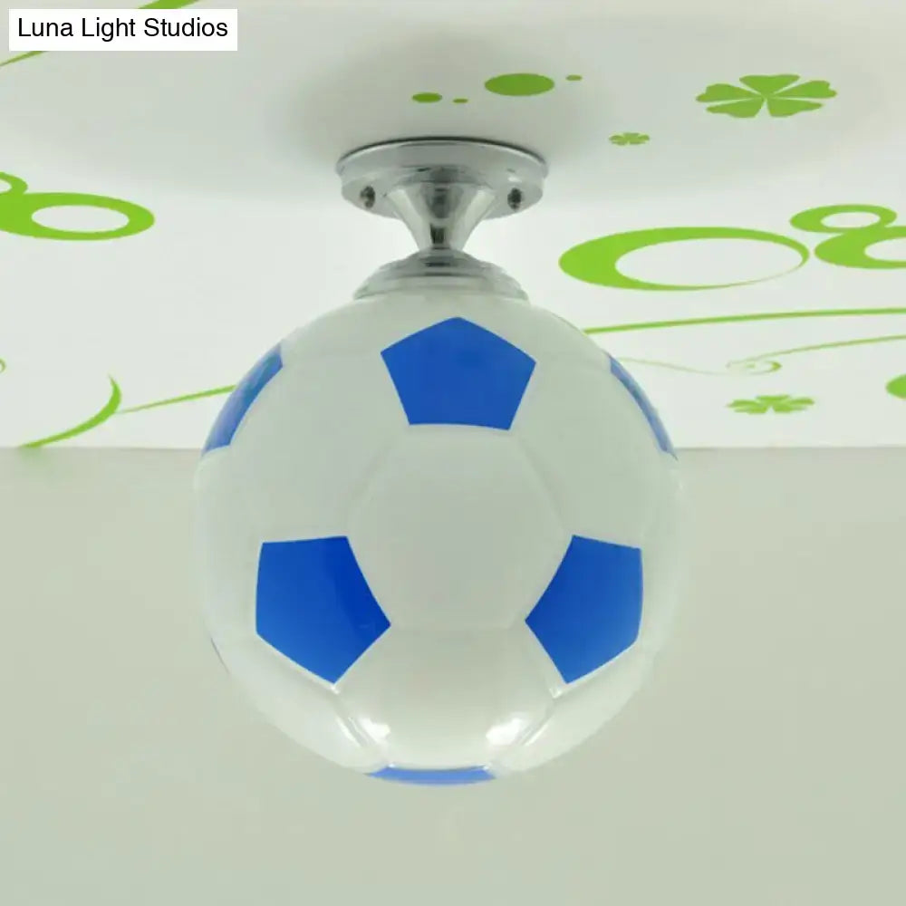 DecorBites™ fun football flushmount ceiling light with white and blue soccer ball design and chrome base for kid’s room