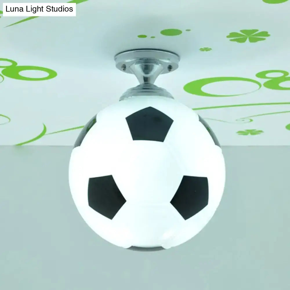 DecorBites™ fun football flushmount ceiling light with white and black soccer ball design and chrome base for kid’s room