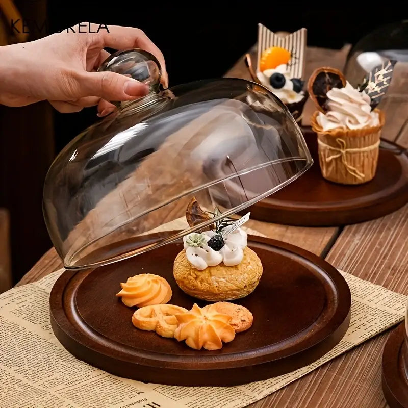 Creative wooden cake storage box with clear glass dome lid and polished metallic knob for kitchen decorbites creative wooden