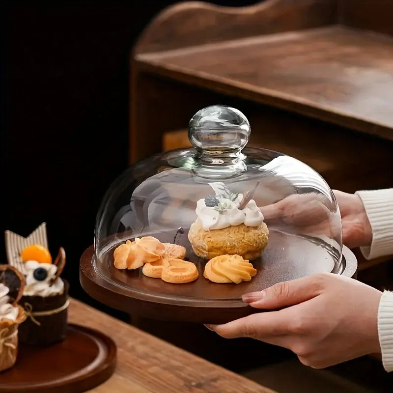 Creative wooden cake storage box by decorbites with a clear glass dome and dark wooden base for kitchen use