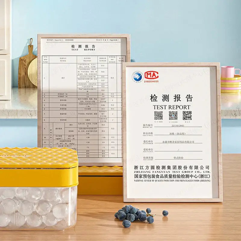 A framed test report with mac logo showing a creative yellow and clear silicone ice mould tray product details