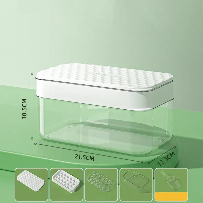 Clear plastic ice mould tray with white textured lid and yellow silicone accents for kitchen drink cooler use