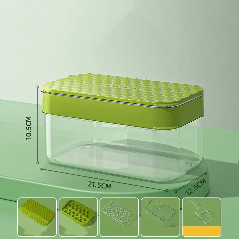 Clear plastic storage container with lime green textured lid and silver rim for creative yellow and clear silicone ice mould tray