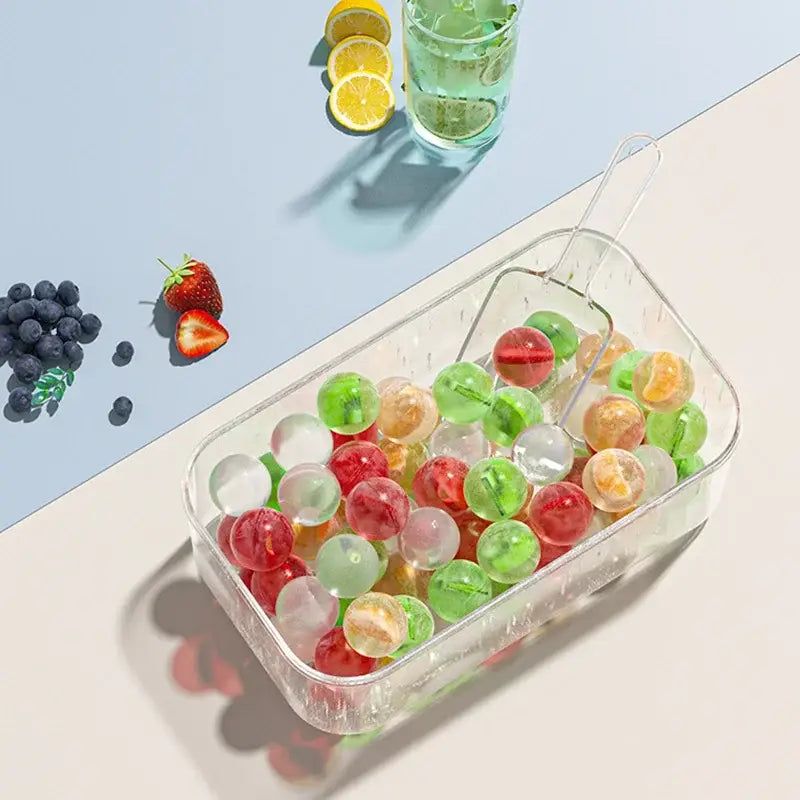 Clear plastic container with colorful gel balls showcasing a creative yellow and clear silicone ice mould tray cooler