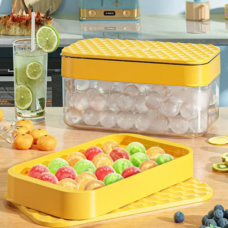 Creative yellow and clear silicone ice mould tray with textured lid and matching tray filled with colorful frozen spheres