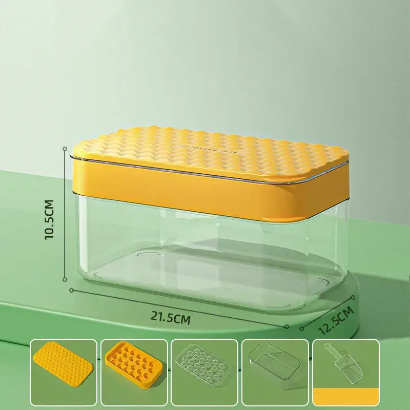 Clear plastic ice mould tray with bright yellow textured silicone lid and matching side trim for kitchen drink cooler