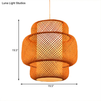 Cross-Woven Bamboo Lantern Hanging Light - 18"/19.5" Flaxen Dining Room Lamp