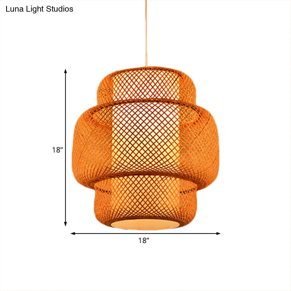 Cross-Woven Bamboo Lantern Hanging Light - 18"/19.5" Flaxen Dining Room Lamp