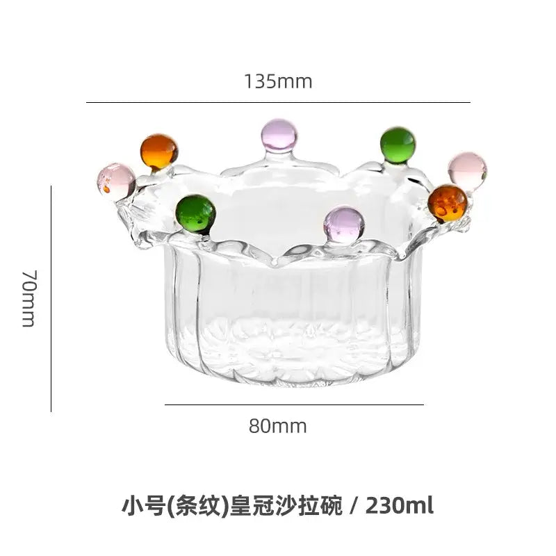 Crown clear glass fruit bowl with a crown-shaped rim decorated with colorful translucent beads for dining room decor