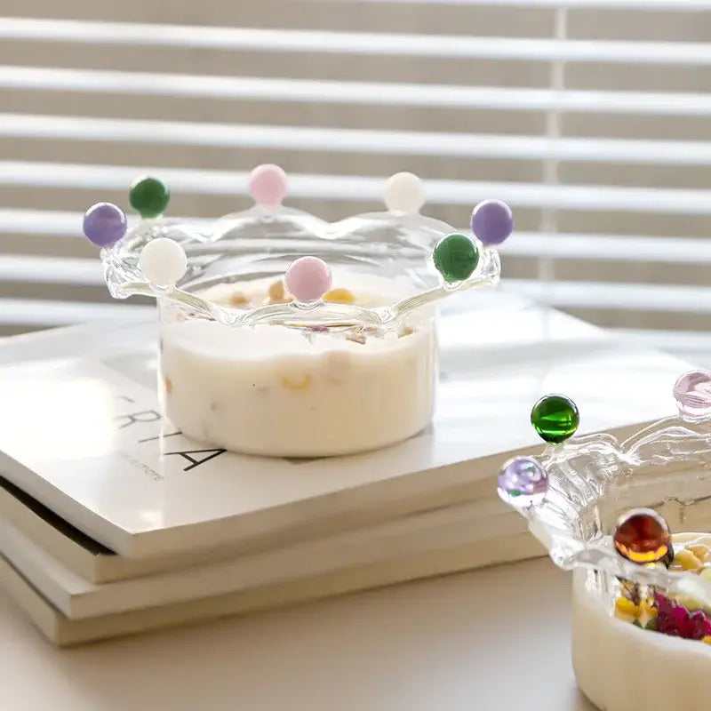 Crown clear glass fruit bowl shaped like a crown with colorful pink green purple and white beads decorbites clear glass