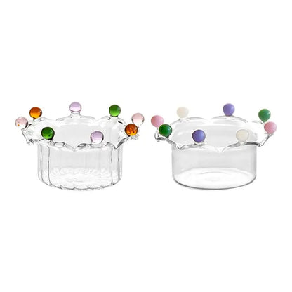 Clear glass fruit bowl crown shaped with colorful beads along the rim for elegant dining room decorbites clear glass