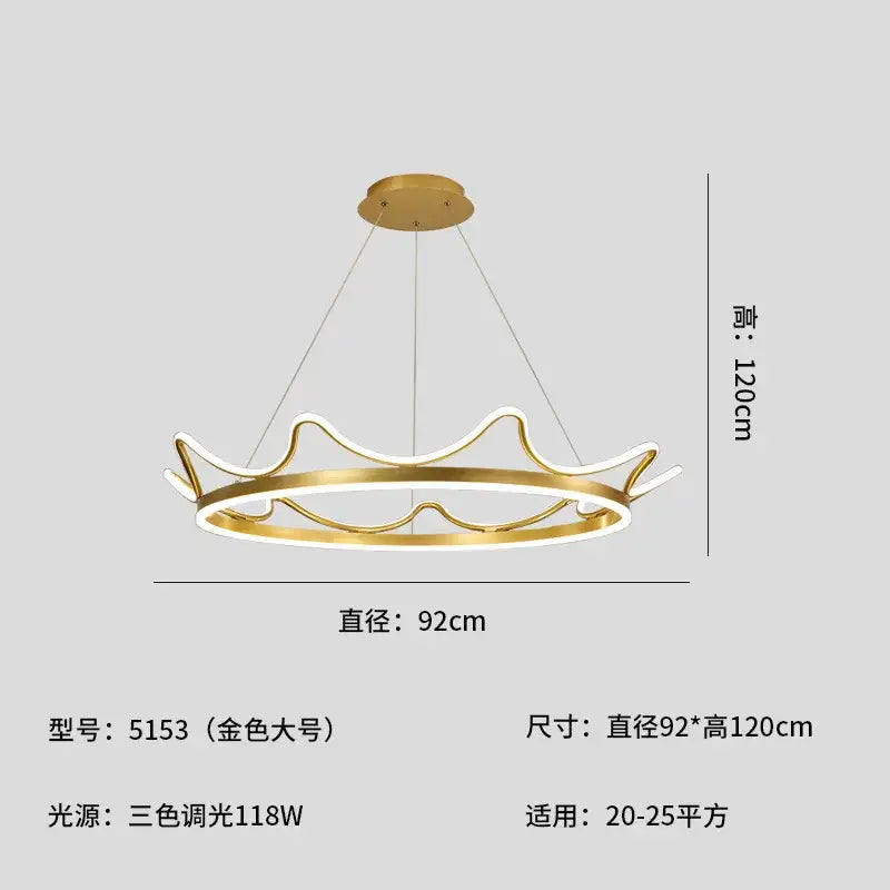 Gold-colored crown design chandelier with circular wavy design and integrated led lighting for living room decorbites crown design