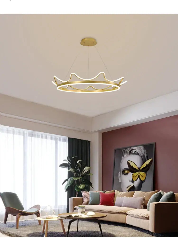 Gold crown design chandelier with white spheres and illuminated edges for modern living room decorbites crown design