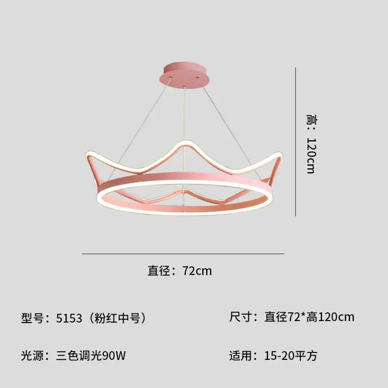 A modern crown design gold pendant light with soft pink metallic frame and illuminated led rings for living room decor