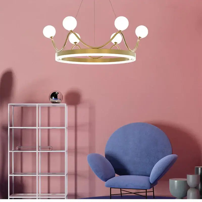 Gold-toned crown design chandelier with six white globes by decorbites for elegant living room lighting
