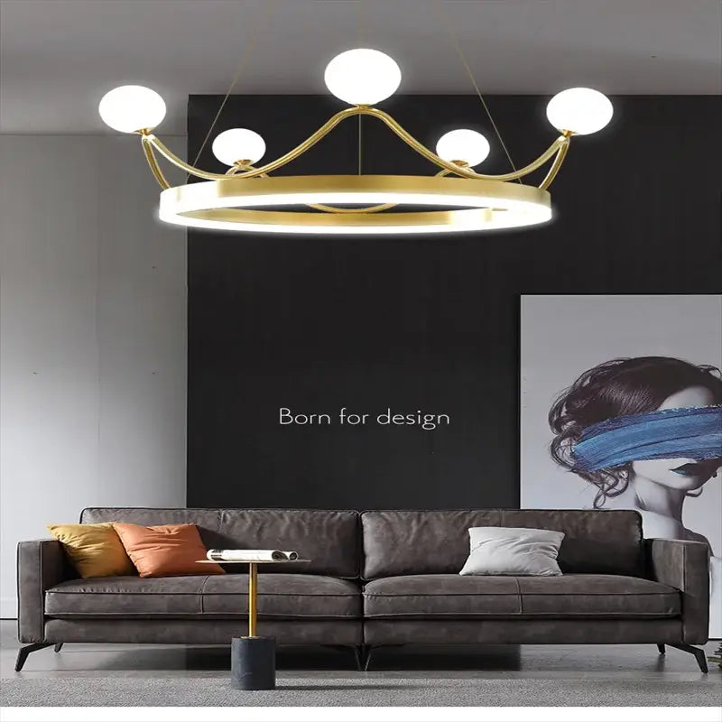 Crown design gold chandelier with five white spherical light bulbs for elegant living room decor by decorbites crown design