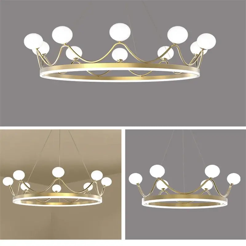 Crown design gold chandelier pendant light with white spherical bulbs for living room decorbites crown design