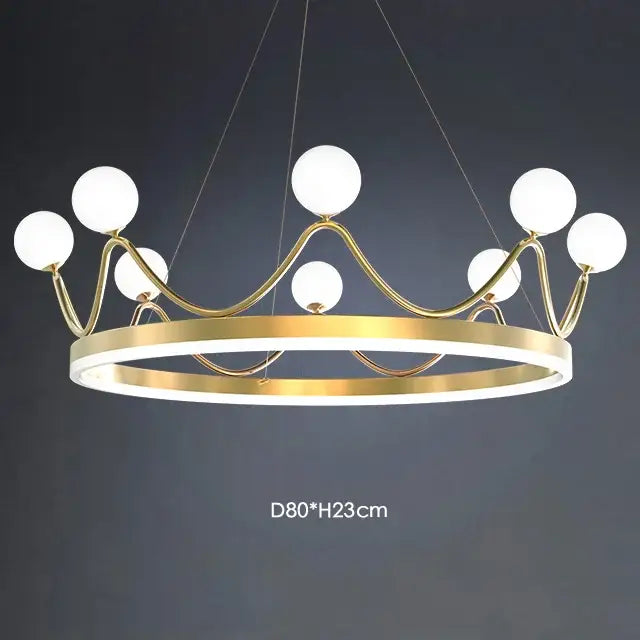 Gold-toned crown design chandelier with white spheres and glowing circular base for living room decorbites crown design
