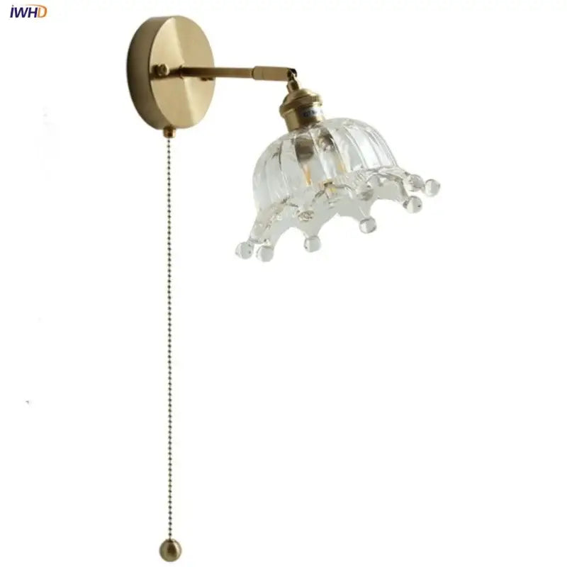 Decorbites crown glass led wall light with clear glass crown design and brass pull chain for bedroom fixture decor