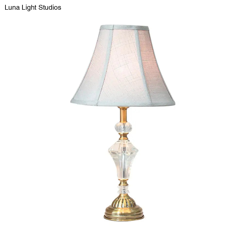 Crystal Accent White Fabric Nightstand Lamp with Bell Paneled Light