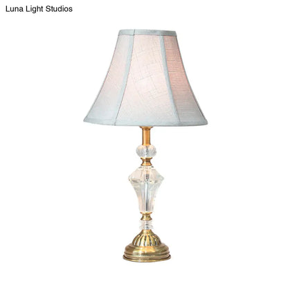 Crystal Accent White Fabric Nightstand Lamp with Bell Paneled Light