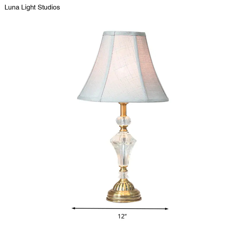Crystal Accent White Fabric Nightstand Lamp with Bell Paneled Light