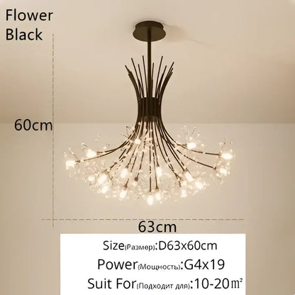 Black metal crystal bionic petals chandelier with delicate branch-like arms and sparkling accents for dining room decorbites