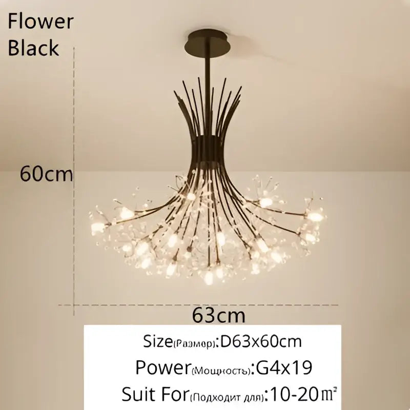 Black metal crystal bionic petals chandelier with delicate branch-like arms and sparkling accents for dining room decorbites