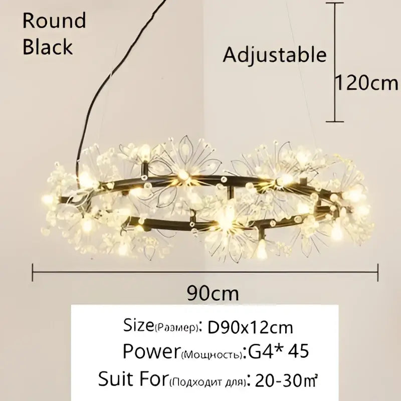 Black round decorbites crystal bionic petals chandelier with adjustable length and 45 g4 led lights for dining room