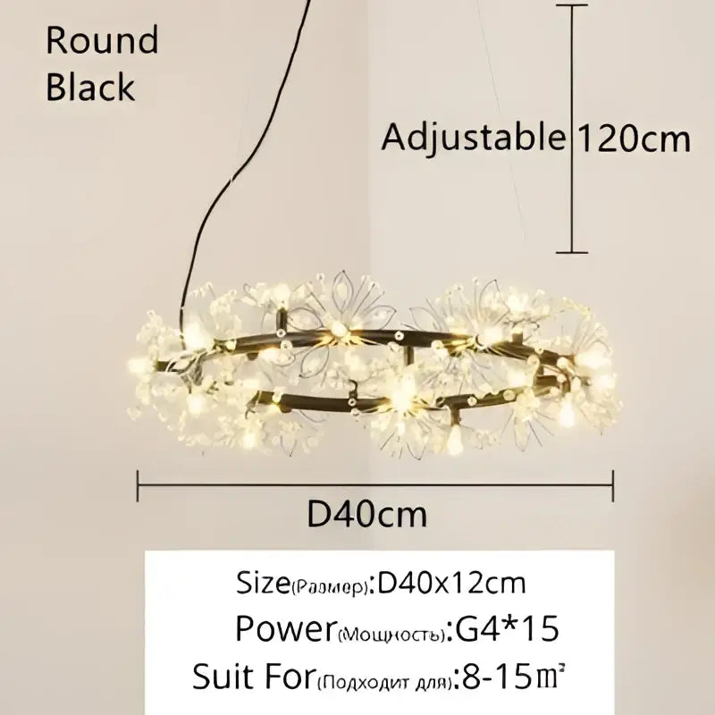 Black round pendant light with adjustable 120cm hanging length and floral led lights in decorbites crystal bionic chandelier