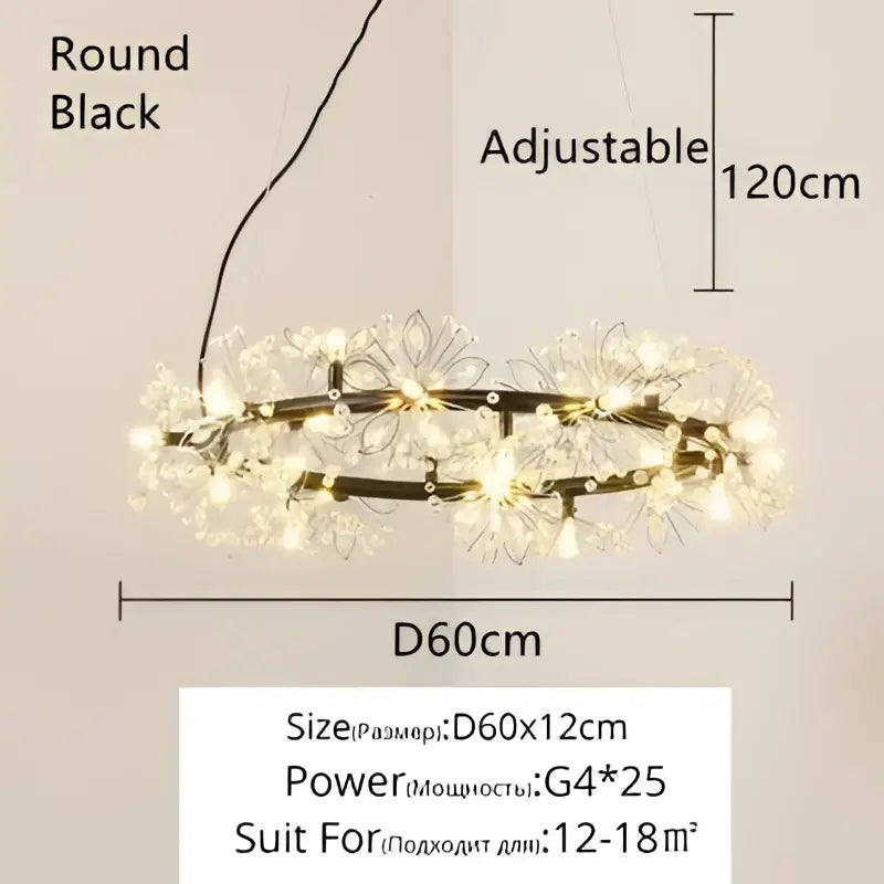 Black round pendant light with adjustable 120cm chain and floral led lights in decorbites crystal bionic chandelier