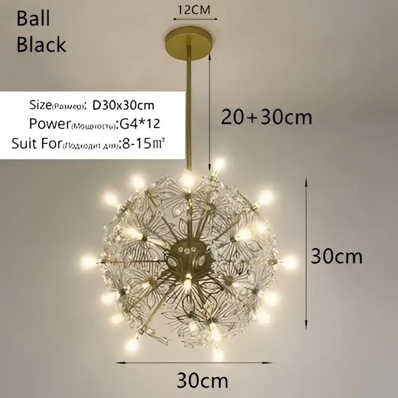 Black spherical decorbites crystal bionic petals chandelier with metallic filigree and 12 exposed g4 bulbs for dining room