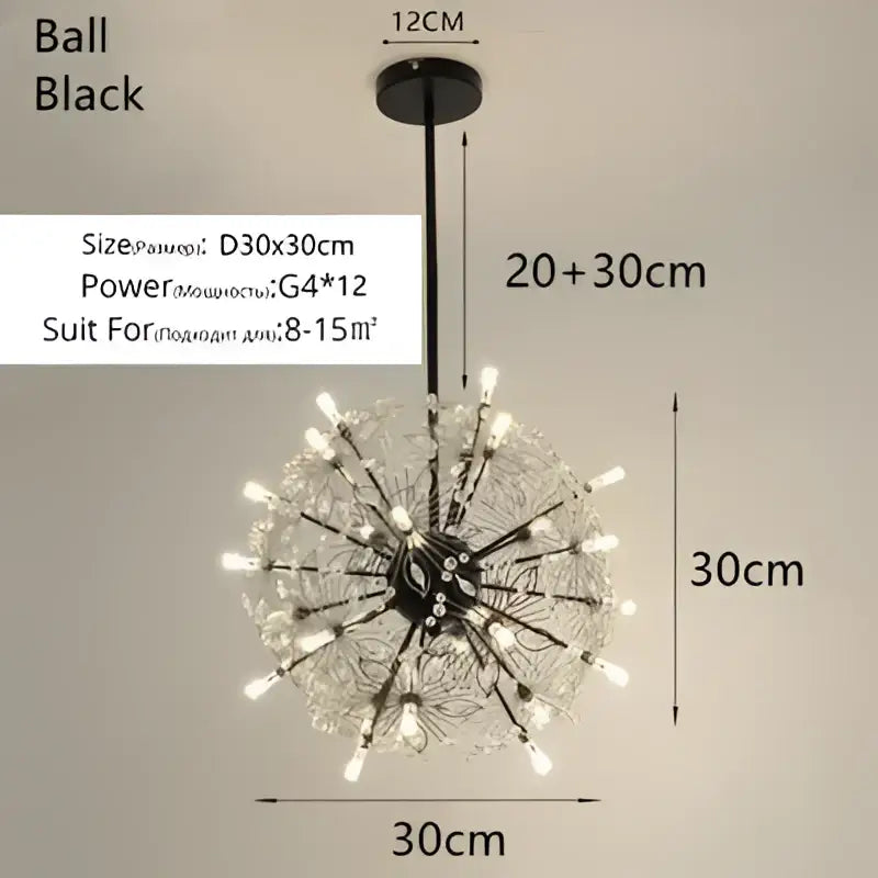Black spherical decorbites crystal bionic chandelier with gold central hub and crystal petals for dining room lighting
