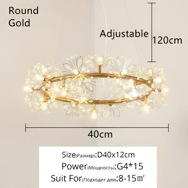 Crystal bionic petals gold chandelier with adjustable length, floral crystal accents, and 15 g4 bulbs for dining room decorbites crystal bionic