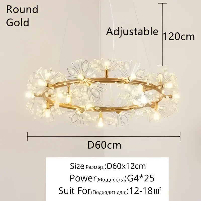 Round gold decorbites crystal bionic petals chandelier with adjustable 120cm height and d60cm diameter for dining room decor