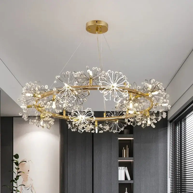 Gold-toned crystal bionic petals chandelier with dandelion flower clusters suspended from a circular frame decorbites crystal bionic