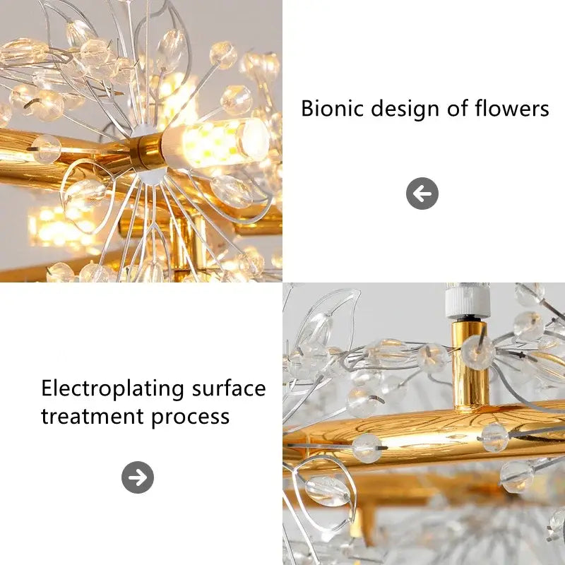 Gold-toned decorbites crystal bionic petals chandelier with clear beads and electroplated metal arms for dining room decor