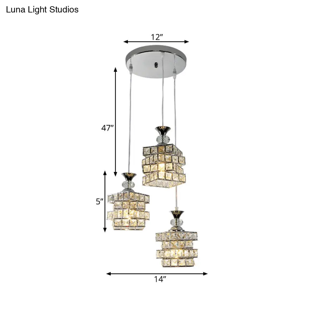 Crystal Block 3-Head Pendant Light Fixture with Silver Finish and Multi-Ceiling Design