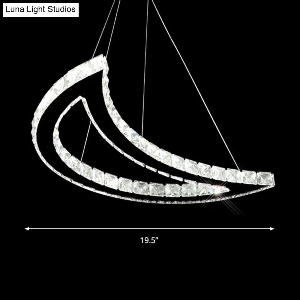 Crystal Block Crescent Ceiling Lamp: Simplicity Stainless-Steel LED Pendant Chandelier in Warm/White Light