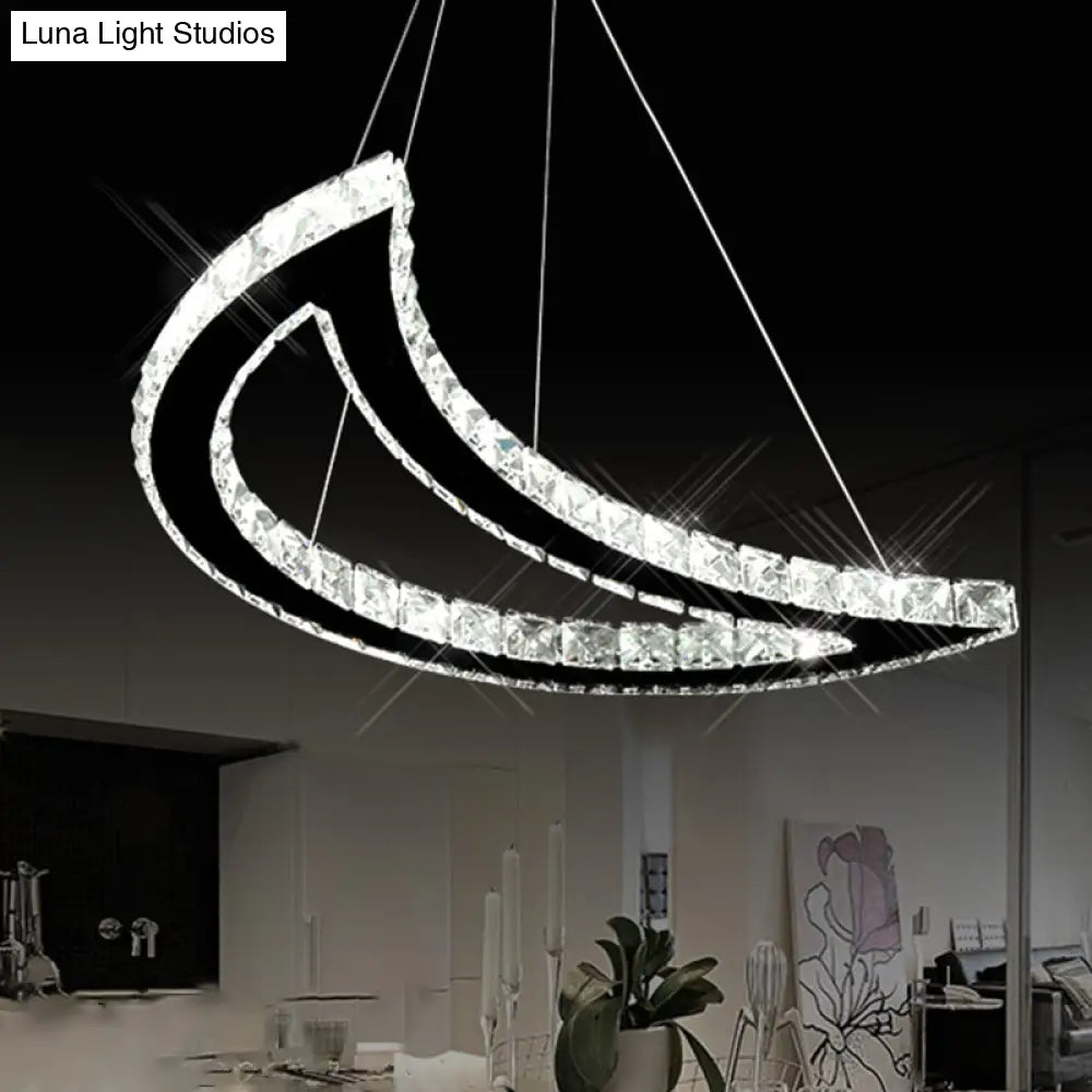 Crystal Block Crescent Ceiling Lamp: Simplicity Stainless-Steel LED Pendant Chandelier in Warm/White Light