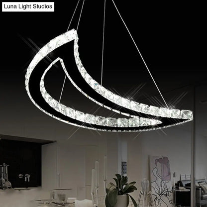 Crystal Block Crescent Ceiling Lamp: Simplicity Stainless-Steel LED Pendant Chandelier in Warm/White Light