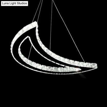 Crystal Block Crescent Ceiling Lamp: Simplicity Stainless-Steel LED Pendant Chandelier in Warm/White Light